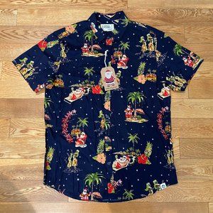 Free Planet Hawaiian Santa Christmas Shirt Button Up Front Large Short Sleeve